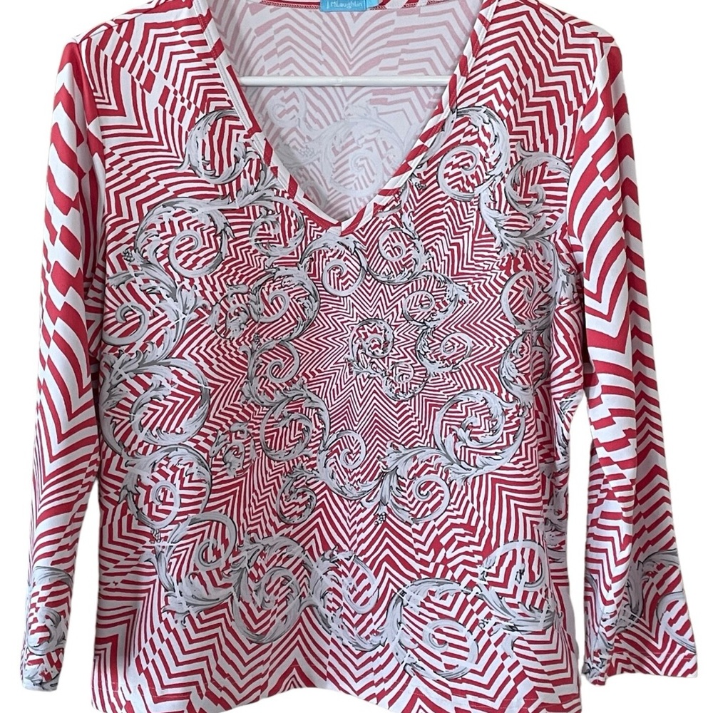 J. McLaughlin Red and White Graphic 3/4 Sleeve Top Large